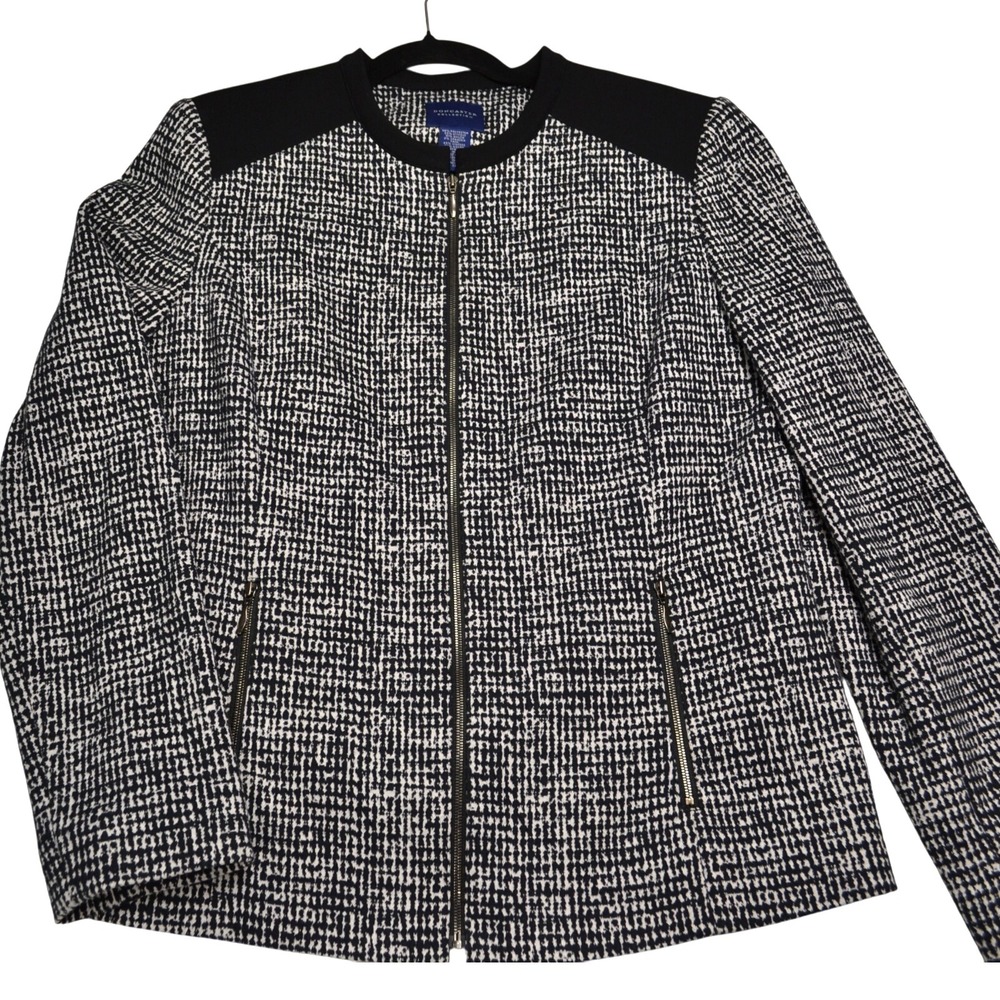 Doncaster Collection Houndstooth‎ Blazer Jacket Full Zip Black Trim Women's